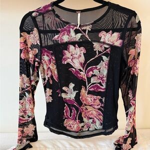 Free People Black and Pink Floral Mesh Blouse